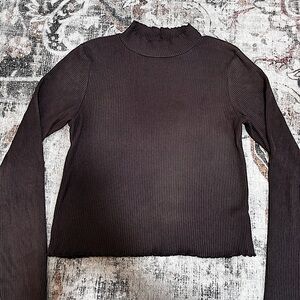 American Eagle Brown Ribbed Mock Neck Shirt Lettuce Trim Size Large